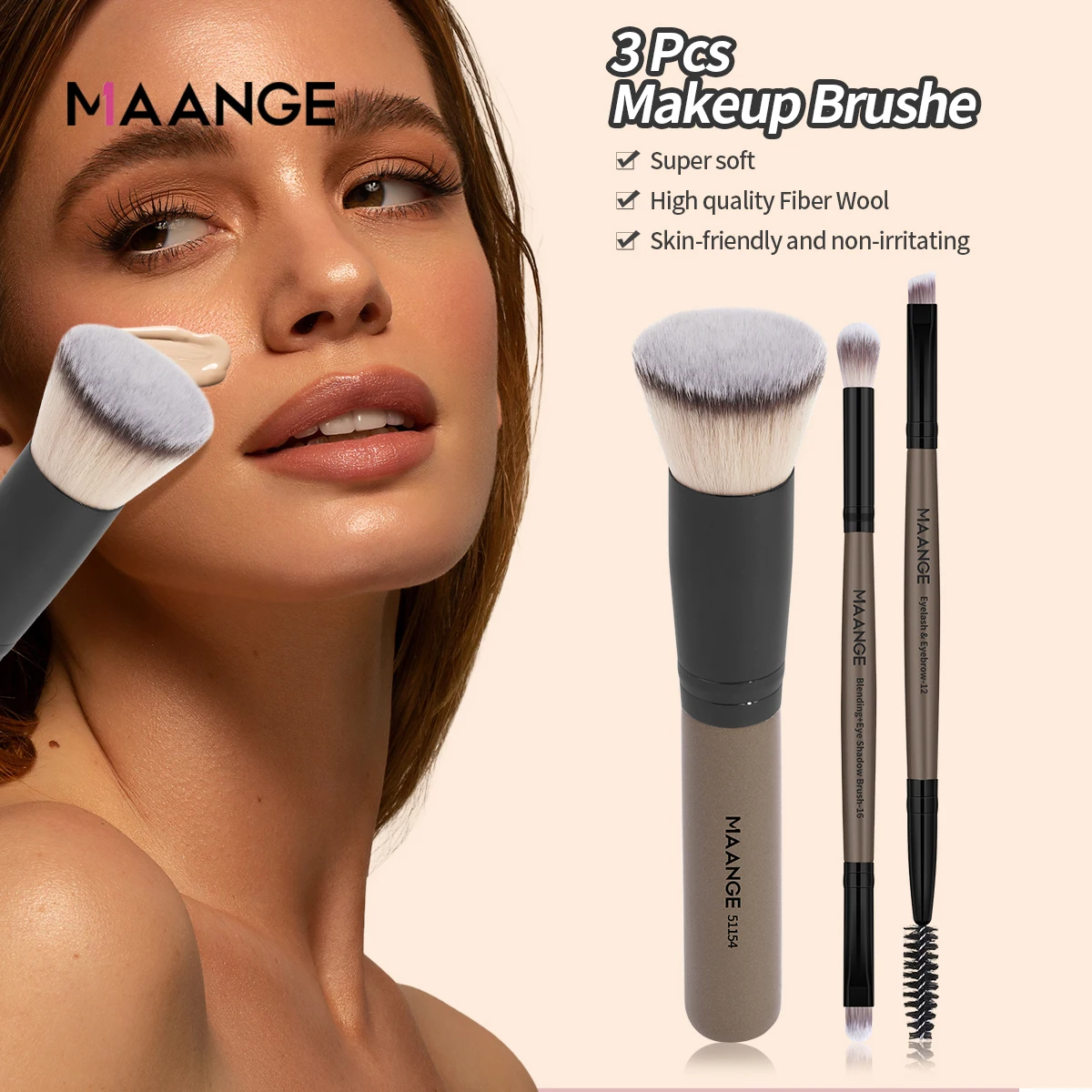 MAANGE 3pcs Travel Makeup Brush Essential Flat Top Foundation Brush Eyeshadow Eyeline Beginner-Friendly Gift for Girl Mother Day