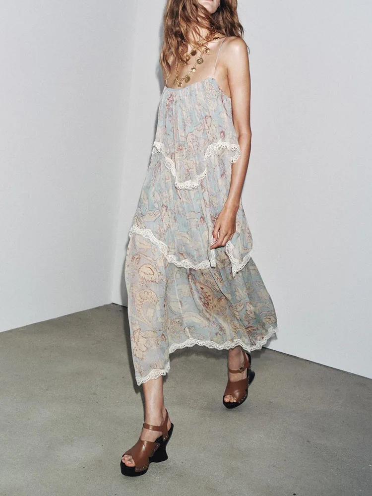 

New Summer 2025 Ele Sweet Sexy Comfortable Floral Print Multi-layered Dr Faionable Mid-waist Gown for Banquet