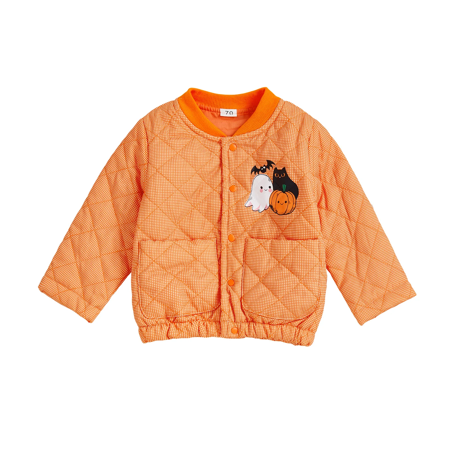 

Infant Halloween Costume Pumpkin Ghost Print Long Sleeve Button Up Stand Collar Quilted Jacket with Pockets for Toddlers