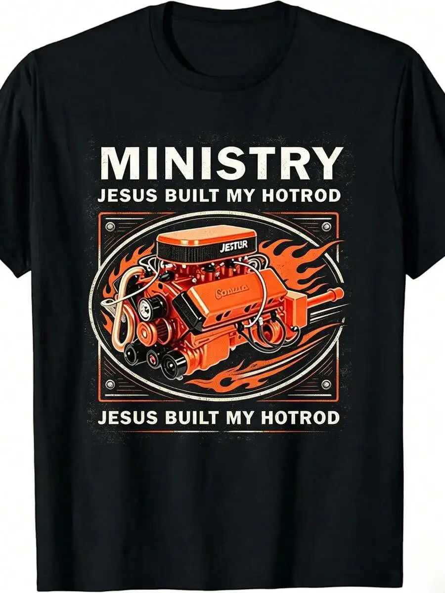 Minister's Inspiration T-Shirt (Jesus Built My Hot-Blooded Bike Design) - Black, Short-Sleeved, Round-Neck, Suitable For Motorcy