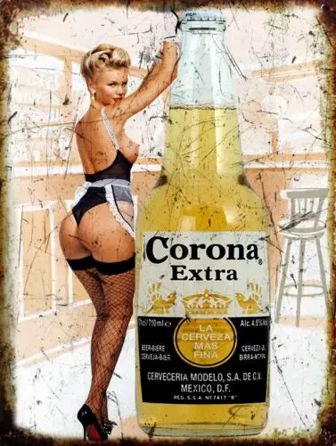 METAL VINTAGE RETRO SHABBY-CHIC CORONA EXTRA GIRL PIN UP TIN SIGN WALL PLAQUE