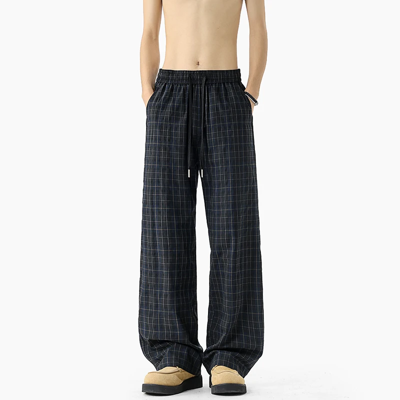 High Quality 2026 Summer Cotton Blend Men's Plaid Casual Pants Loose Baggy Straight Leg Comfortable Breathable Trousers Male