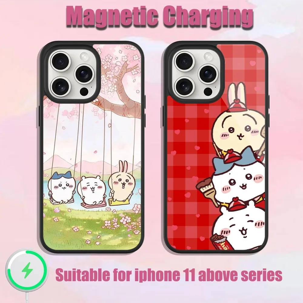 MINISO Cute C-Chiikawa Phone Case For iPhone 13 15 11 12 14 Plus Pro Max Glass Charging Magsafe Magnetic Cover