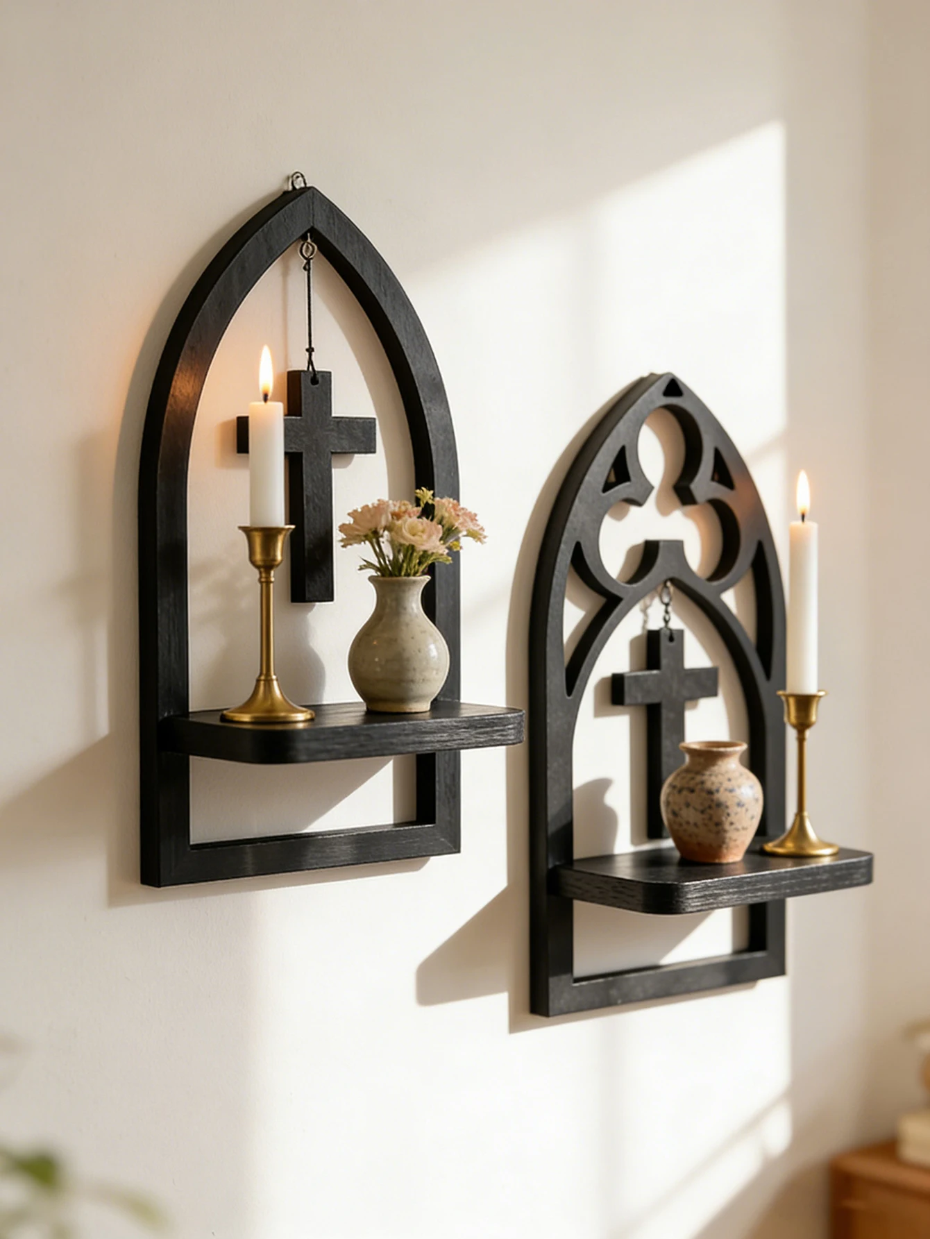 Gothic Wooden Wall Shelf with Hanging Cross, Cathedral Arch & Coffin Shape Floating Candle Holder, Display Rack Home Wall Decor