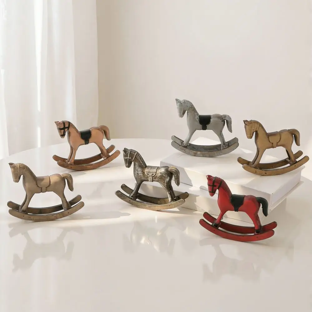 Nordic Vintage Wooden Rocking Horse Decor Ornament For Tabletop Shelf Home Decorative Figurine Rustic Wood Art