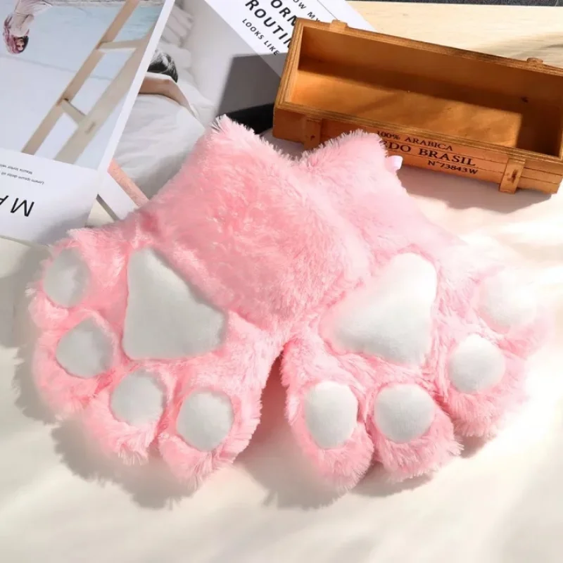 Kawaii Cat Claw Paw Plush Gloves Women Winter Warm Short Fingerless Gloves Fluffy Bear Cat Mittens Costume Half Finger Mittens