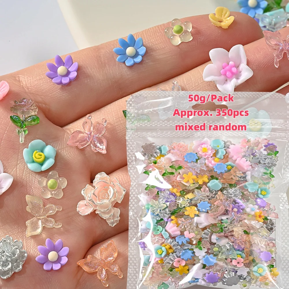

50 г 350-500 шт. смешанный стиль цветок бабочка дизайн ногтей подвески милые смолы мини цветочные бутоны аксессуары для ногтей для DIY маникюр доступ
