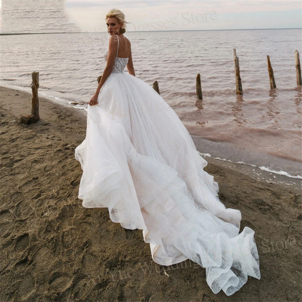 Vestidos de casamento sem encosto com alças de espaguete, vestidos de noiva brilhantes, tule sem mangas, sexy, moderno