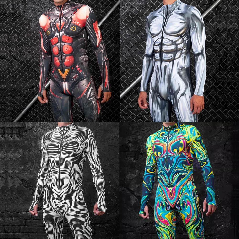 NUOVI uomini tuta cosplay 3D stampato tuta teschio cerniera Zentai sexy stile Mech per la festa di Halloween aderente sottile