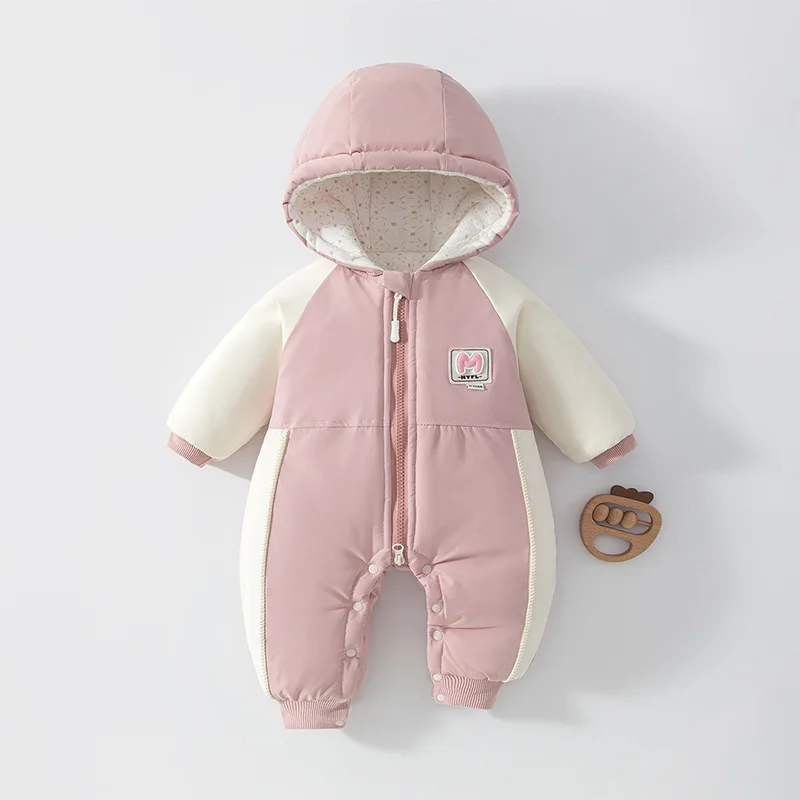 AYNIGIELL 2026 Autumn and Winter Thick Warm Cotton Clothing for Newborns 0-18 Months Hooded Jumpsuit for Children