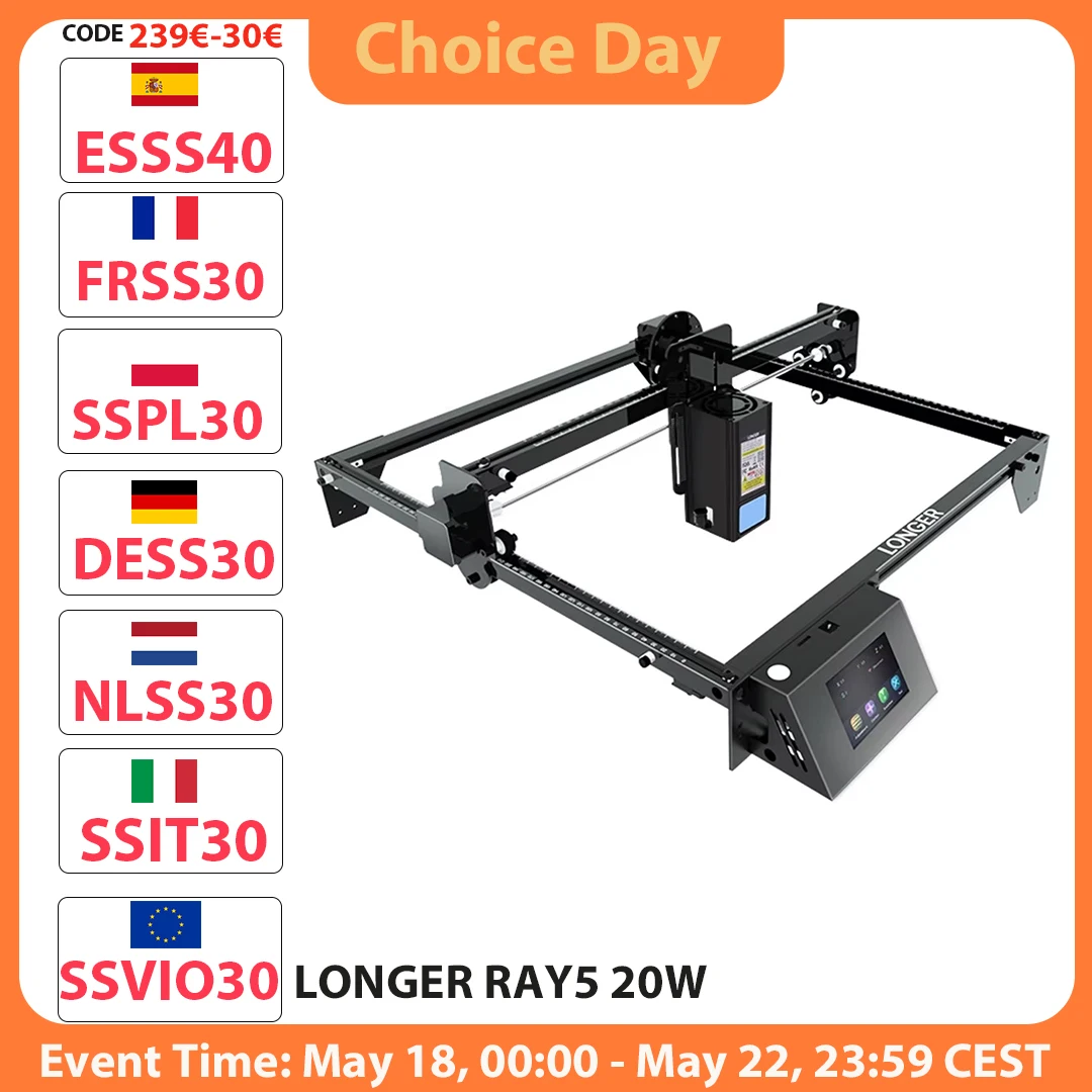 Graveur laser LONGER RAY5 20W, découpeur à focale fixe, spot laser 0,08*0,1 mm, écran tactile couleur, chipset 32 bits, zone de travail 375*375 mm