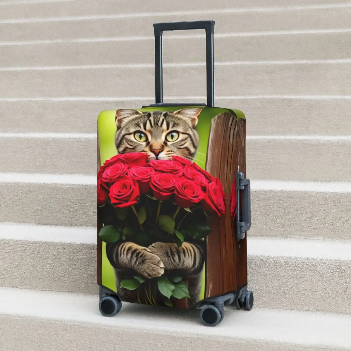 

Kawaii Romantic Cat Holding Red Roses Suitcase Cover Travel Holiday Practical Luggage Supplies Protector