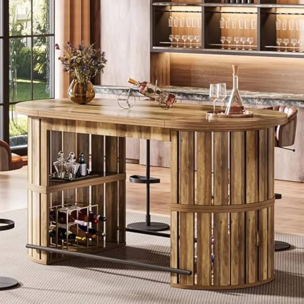 

63" Bar Table, Industrial High Bar Table with Storage Compartments, Oval Tall Home Bar Unit with Metal Footrest for Bistro, Pub