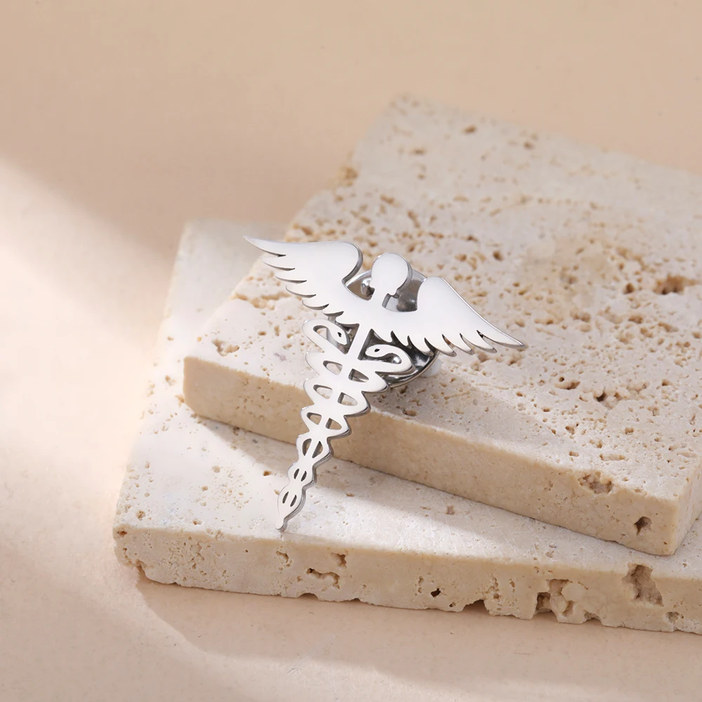 Dawapara Brosche mit Caduceus-Symbol, medizinisches Symbol, Zubehör, Reisende, Talisman, Abschlussgeschenk, Edelstahl-Schmuck – Detail 9