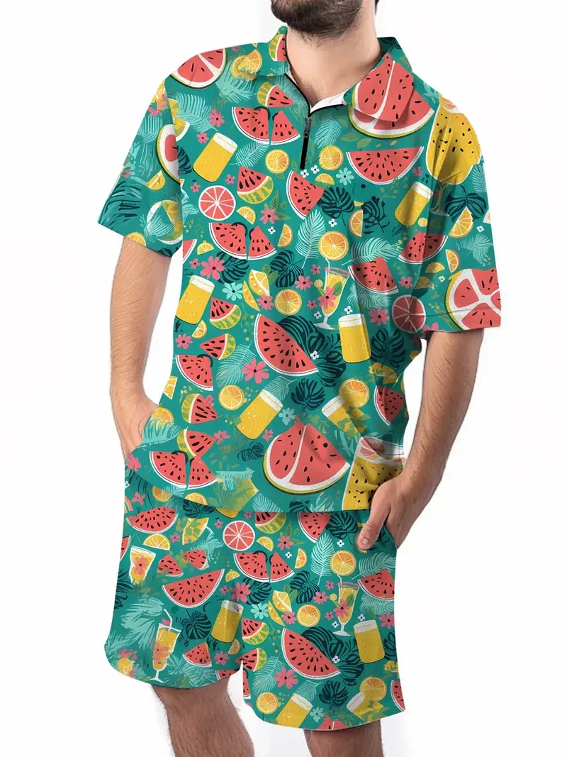 Polo Shirt Shorts Set Watermelon Pattern 3D Printed Men's Simple Fresh Sportwear Oversized Short-sleeved Shirt Pants Set Summer