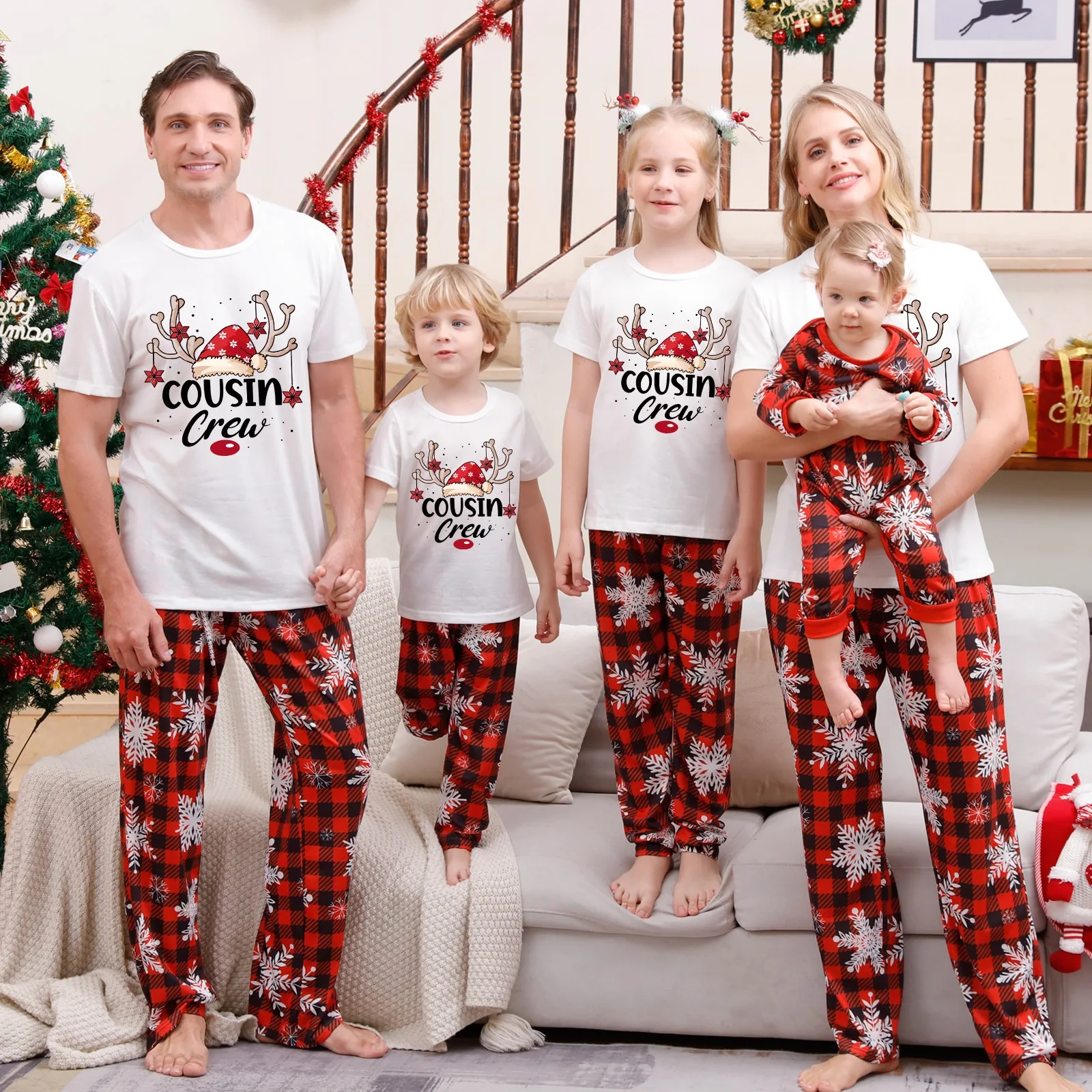 Merry Christmas Santa Tree Print Pajamas Set Short Sleeve Adults Kids Matching Outfits Soft Loose Sleepwear Xmas Family Look Pjs