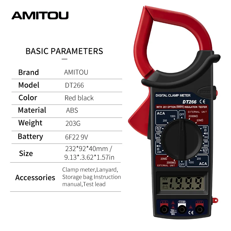 AMITOU DT266 1999 Count Digital Professional Clamp Meter Multimeter Data Hold ohm Current Multimetro Clamp AC/DC Voltage Tester