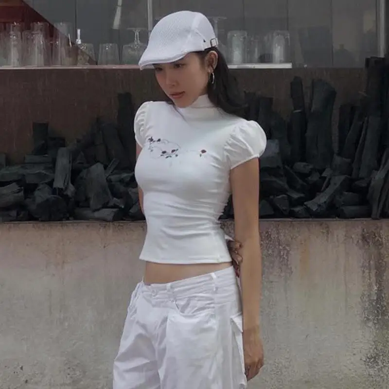 

Female Half High Neck Print Tops Shirts Lady White Summer Birthday Festival Streetwear Tees Female Hotsweet Streetwear Party Tee