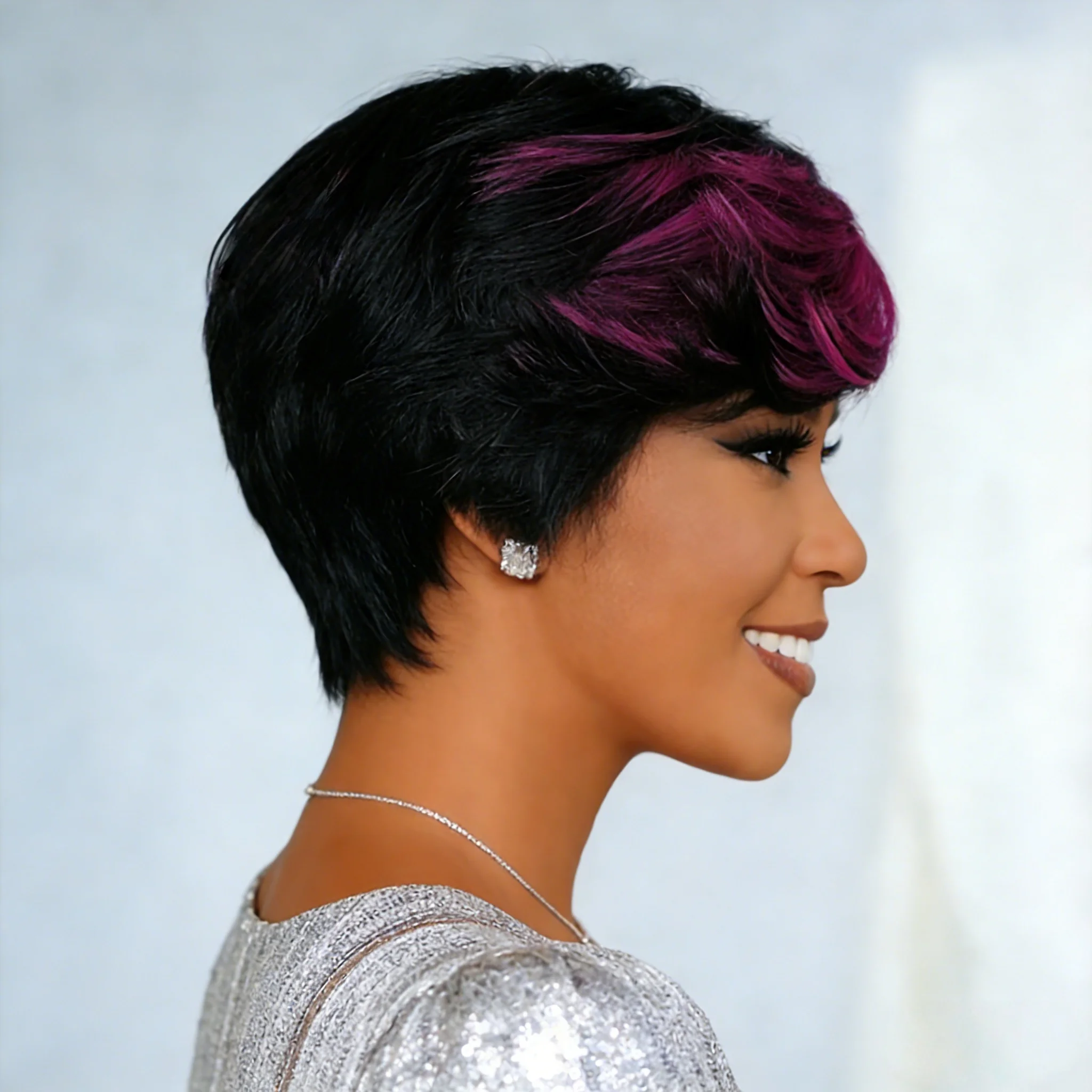 Pixie cut Straight Human Hair Short Wig for Women 1B Purple Full Machine Made Wig For Women