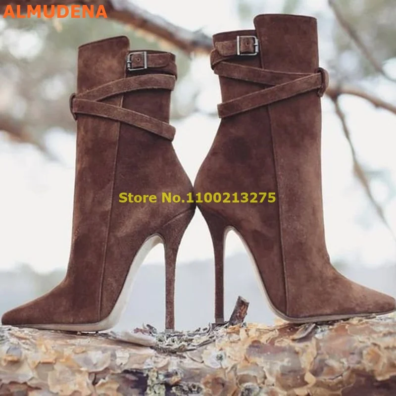 Suede Pointy Toe Ankle Booties Thin High Heel Autumn Winter Women Ankle Strap Shoes Zipper Brown Black Suede High Heel Boots