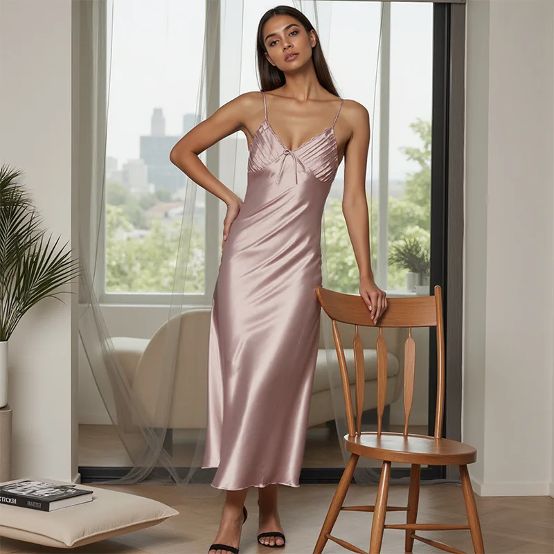 

Sexy Slit Bow Suspender Nightgown Chemise Sleepwear Summer New Female Nightwear Home Clothes Slim Ice Silk Long Nightdress