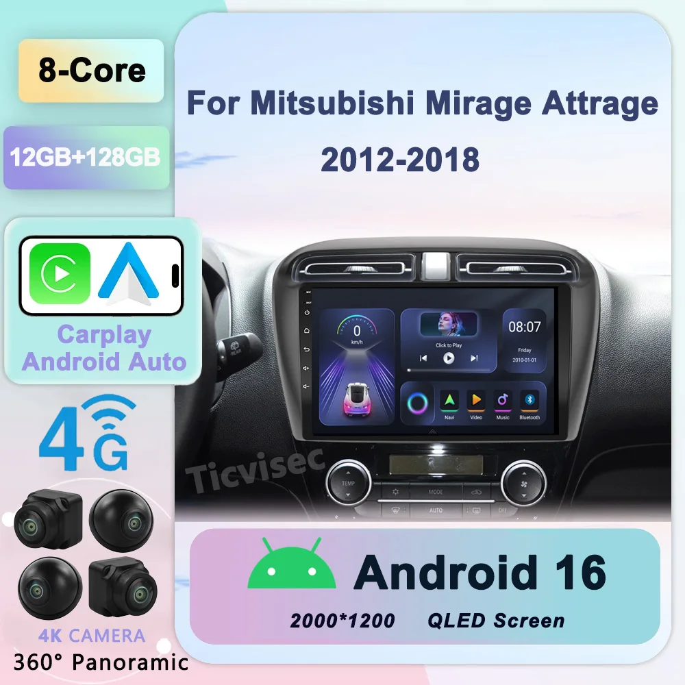 

Android 16 2Din Car Radio For Mitsubishi Mirage Attrage 2012-2018 Multimidia System Video Player Navigation DSP IPS Carplay