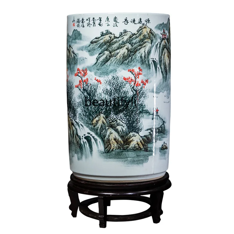 Ceramic Painting Scroll Cylinder Floor Vase Storage Bucket Living Room Study Decoration Ornaments