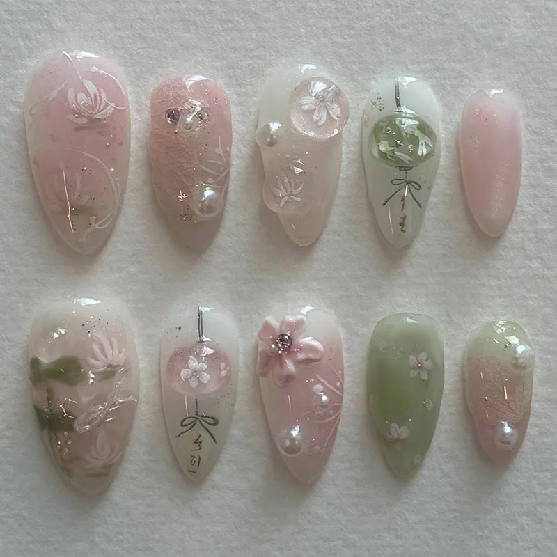 24pcs Pink Flower Pattern False Nails Ins Pearl Shiny Fake Nails Wearable Detchable Short Almond Sweet Korean Press on Nails