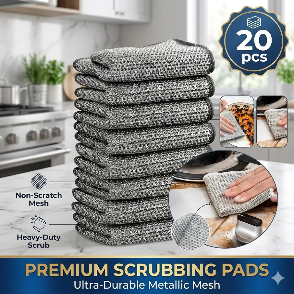 20/1pcs Magic Microfiber Cleaning Rags Dishcloth Silver Wire Kitchen Cloth Thickened WashTowel Built-in Sponge Steel Ball Rag