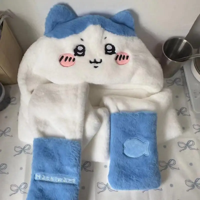 Kawaii Chiikawas Plüschmütze Schal Handschuhe Triple Anime Usagi Winter Radfahren Schutz vor Kälte Weich verdicken Warm halten Mädchen Geschenk