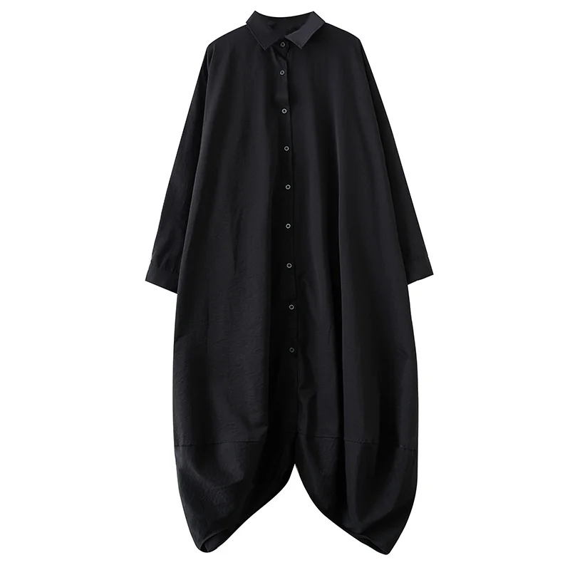 봄 가을 플러스 사이즈 루즈 캐주얼 셔츠 드레스 여성 패션 불규칙한 밑단 A라인 롱 드레스 버튼 디테일 단색