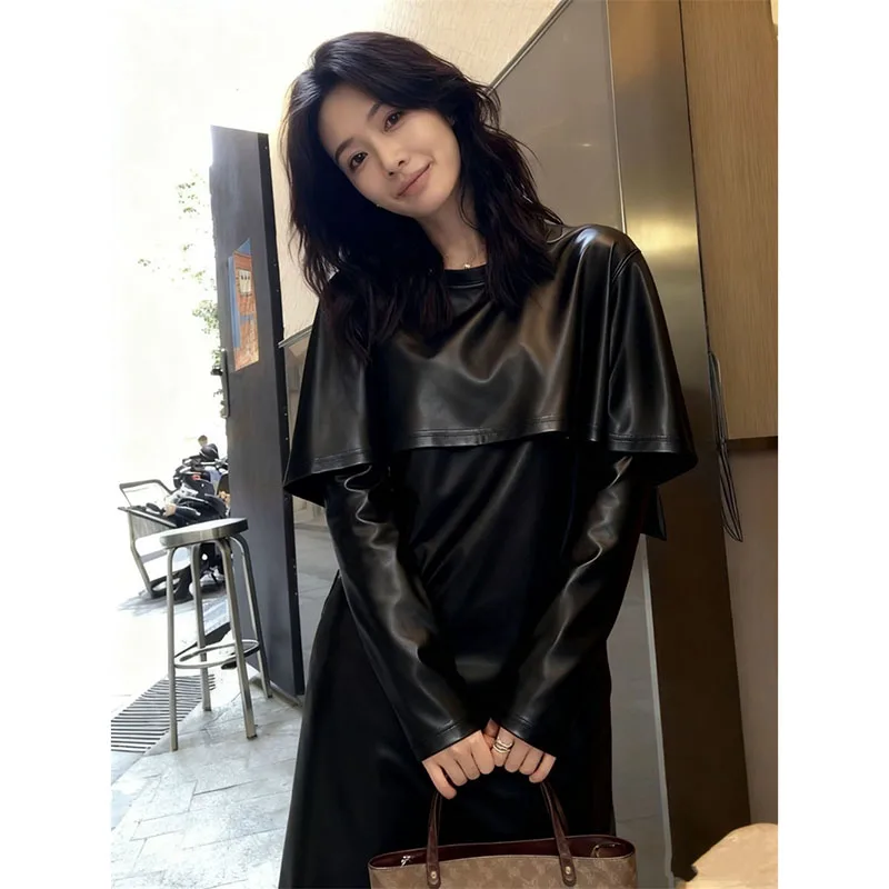 

2026 Fake Two-Piece Shawl Imitation Leather Spring Autumn Tops Bottoming Shirt Women's Round Neck Loose Long-Sleeved Tee Shirts