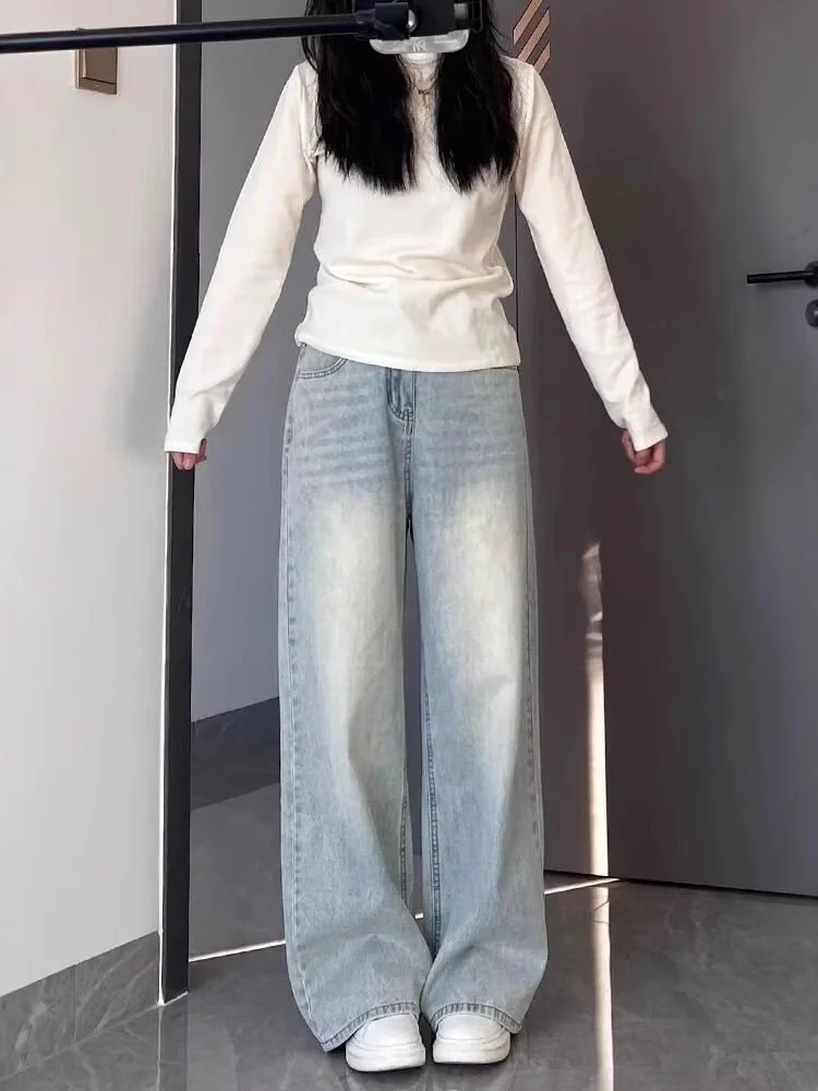 حجم كبير ارتفاع الخصر مستقيم الساق الدينيم الجينز المرأة ربيع الخريف فضفاض واسعة الساق الطابق طول السراويل للجسم الكمثرى aped #3