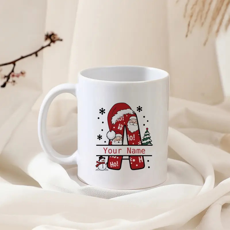 Custom Name Christmas Monogram Letter A-Z Mug Santa Claus Ho Ho Ho Snowflake Christmas Tree Ceramic Coffee Cup Holiday Gift