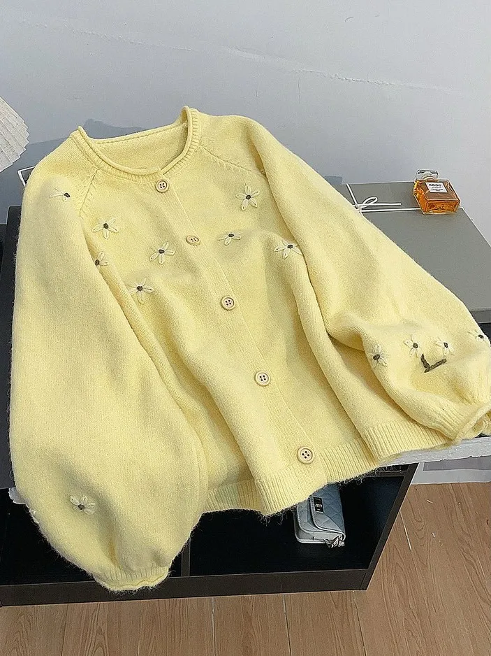 

Sweet Autumn Winter Loose Knitted Open Cardigan Women's Top Purple Gentle Flower Embroidery Sweater Jaet Fem Faion