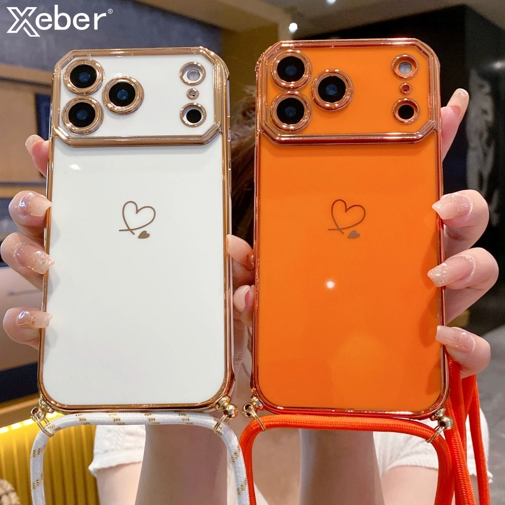 Crossbody-Halsband-Schultergurt-Hülle für iPhone 18 17 Pro Max 16 13 15 14 Plus, vergoldetes Herz, weiche Silikonhülle