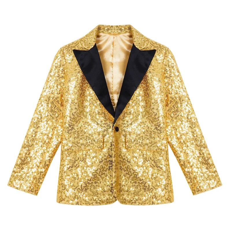 Kinder Jungen Glänzende Pailletten Revers Jacke Mantel Glitter Blazer Smoking Bankett Tanz Hochzeit Party Moderne Jazz Latin Bühne Kostüme