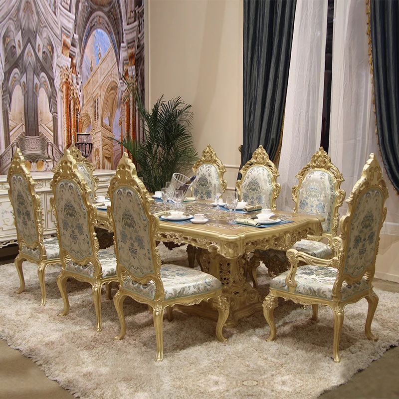 

Royal Palace French Luxury Villa Furniture Restaurant Champagne Gold Solid Wood Rectangle Carved Dining Table and Chairs
