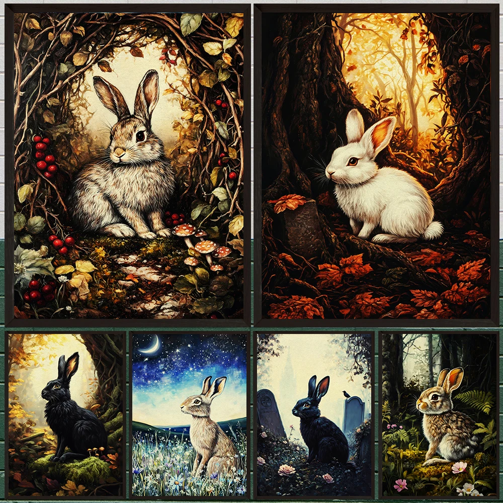 

Black Hare Cottagecore Wildlife Abstract Wall Art Canvas Print,Hare Under Night Sky,Whimsical Woodland Animal Art Poster Decor