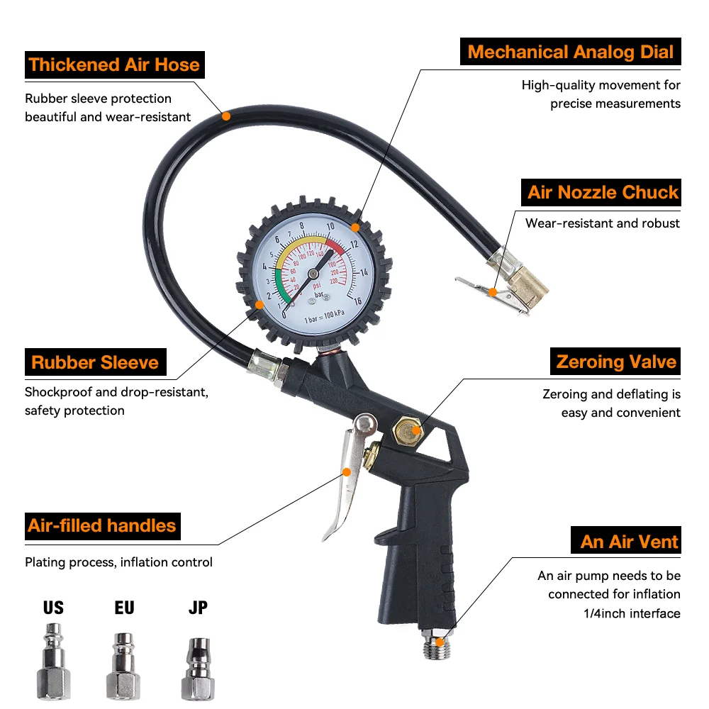 Car Tire Pressure Gun, 0-16Bar/0-220Psi, Can Inflate/Deflate/Measure Air Pressure,Home Pneumatic Tools, With EU/US/JP Interface
