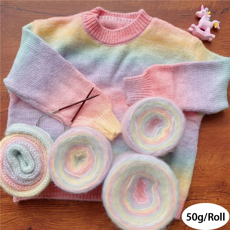 50g/Roll Gradient Colorful Mohair Multicolor Rainbow Yarn Long-Staple Cotton Self Striping Air Yarn for Knitting Crochet Sweater