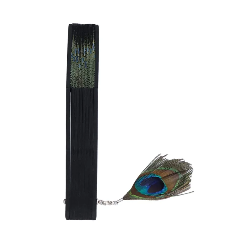 Folding Fan Black Bones Beautiful Peacock Pattern Antique Bamboo Hand Fan For Performance Clothes Decoration Gift
