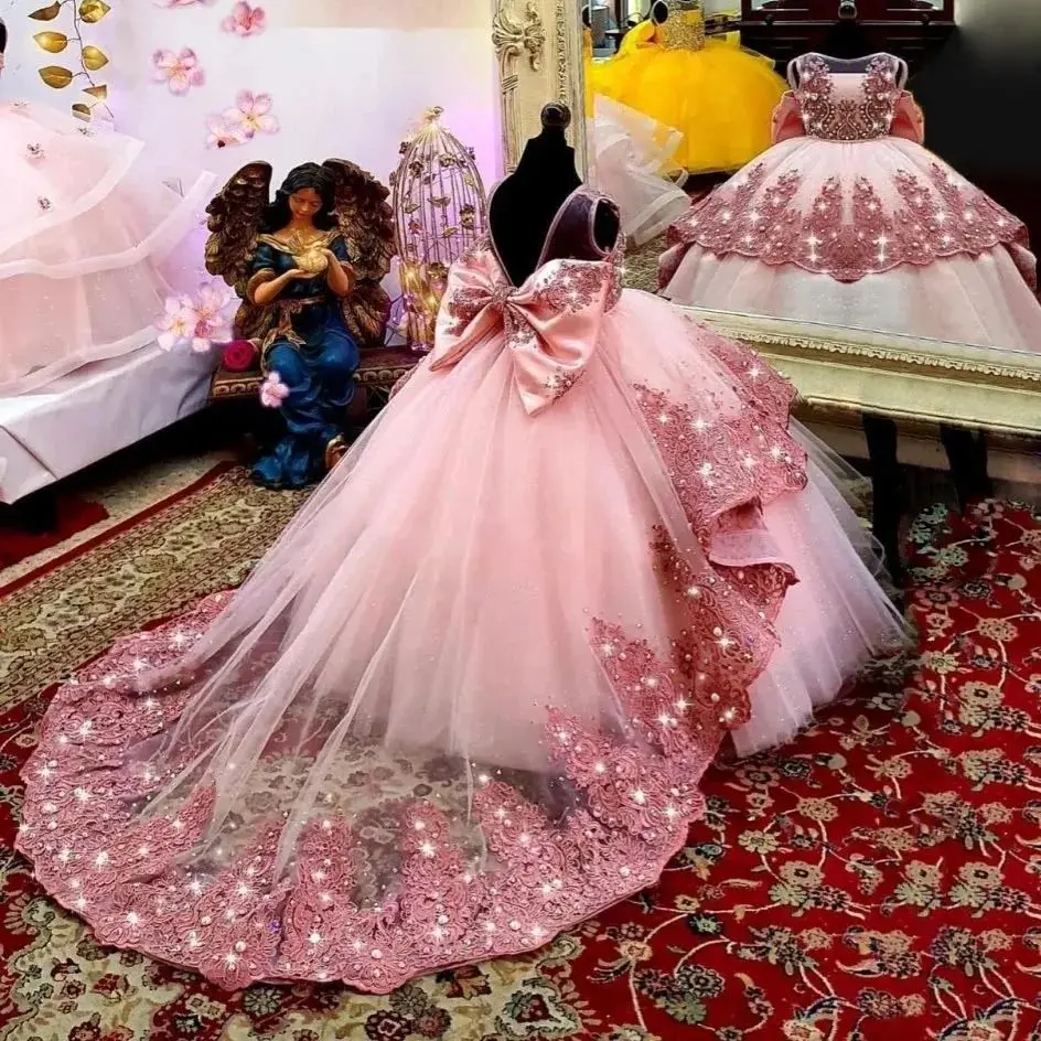 Vestidos de flores verdes para niñas pequeñas, vestido de fiesta de cumpleaños para niñas pequeñas, vestido de desfile de princesa de encaje con cuentas