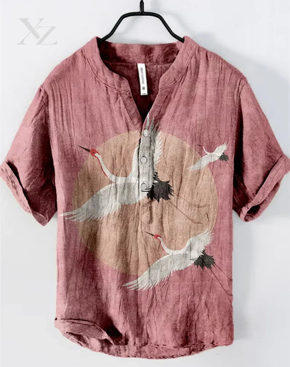 New style trend new summer Japanese retro art print linen comfortable henley shirt men's casual button short sleeve v-neck shirt