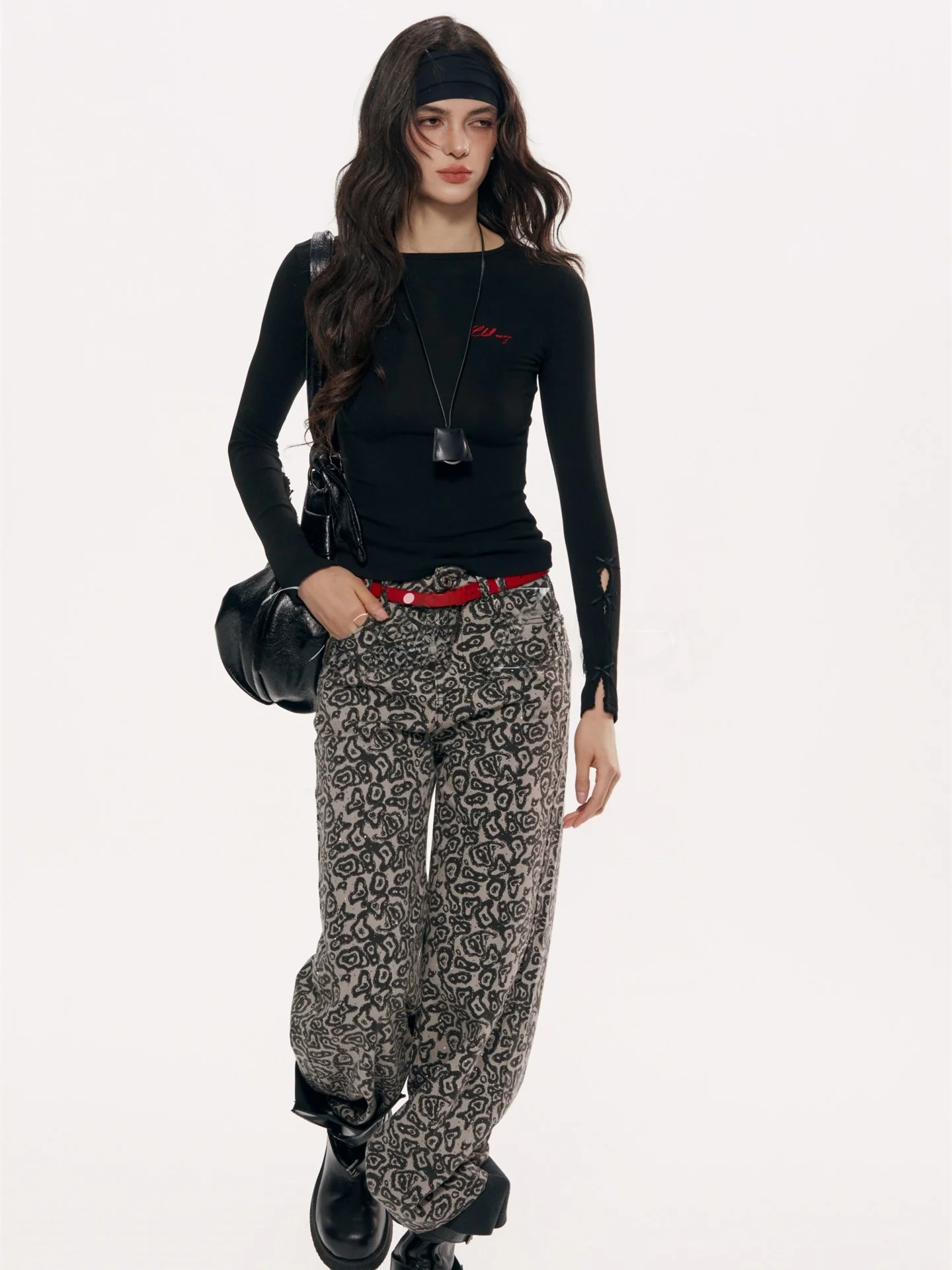 

CHILL ZOEY Women's Printed Straight Leg Pants Flared Legs Draped Slimming Hotfix Casual Trousers Vintage Sle l Waist ...