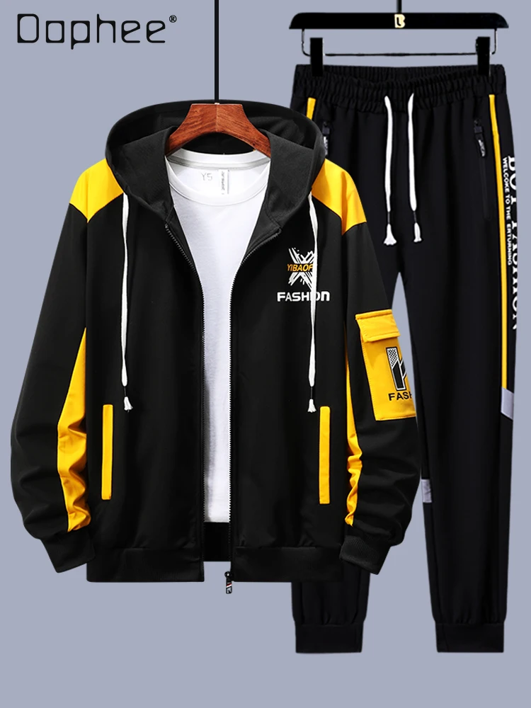 

Весенне-осенний новый мужской черно-красный свитшот и спортивные штаны, комплект из двух предметов, черно-белый повседневный облегающий комплект с капюшоном