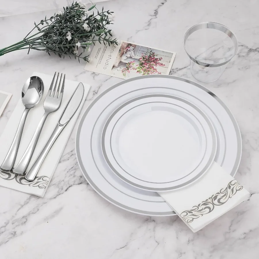 Service de vaisselle en argent 350 pièces pour 50 invités, service de vaisselle en plastique pour fête mariage noël Halloween inclus: 100 plastique P
