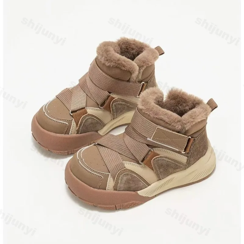الأولاد موضة الدافئة شعر عالية أعلى سميكة سوليد الثلوج الأحذية 2025 الشتاء الأطفال خمر تنوعا أفخم أحذية قطنية مريحة