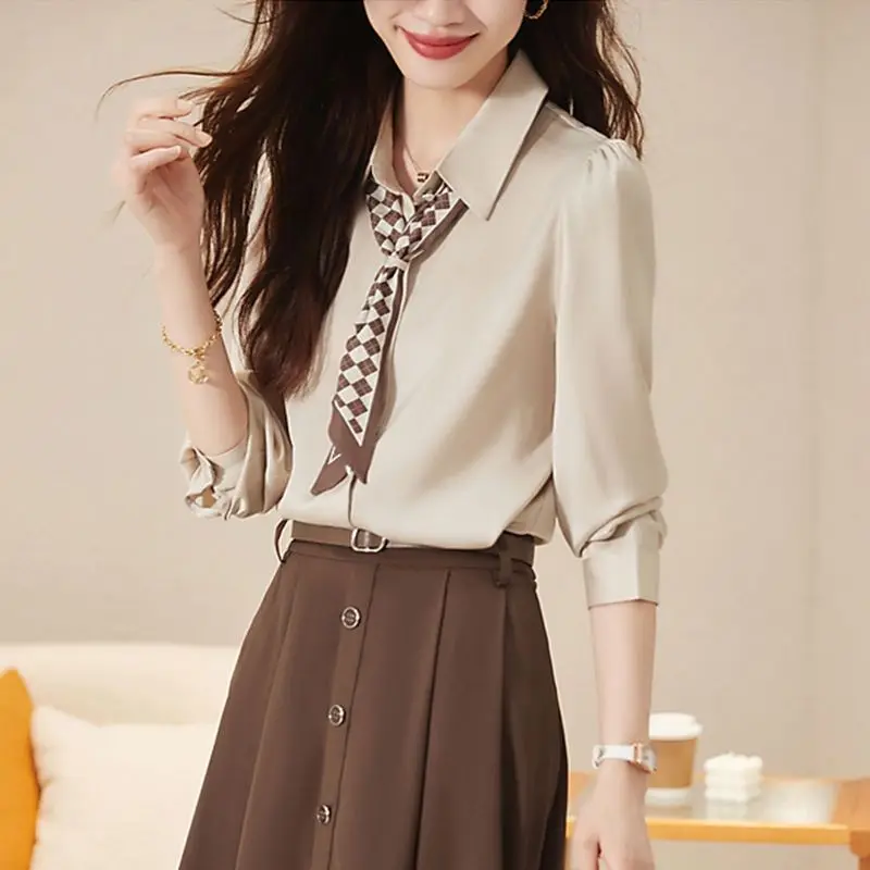 

Temperament Polo Neck Solid Blouse Spring Autumn High Waist Simplicity Button Elegant Half Skirt Fashion Vintage Women Clothing