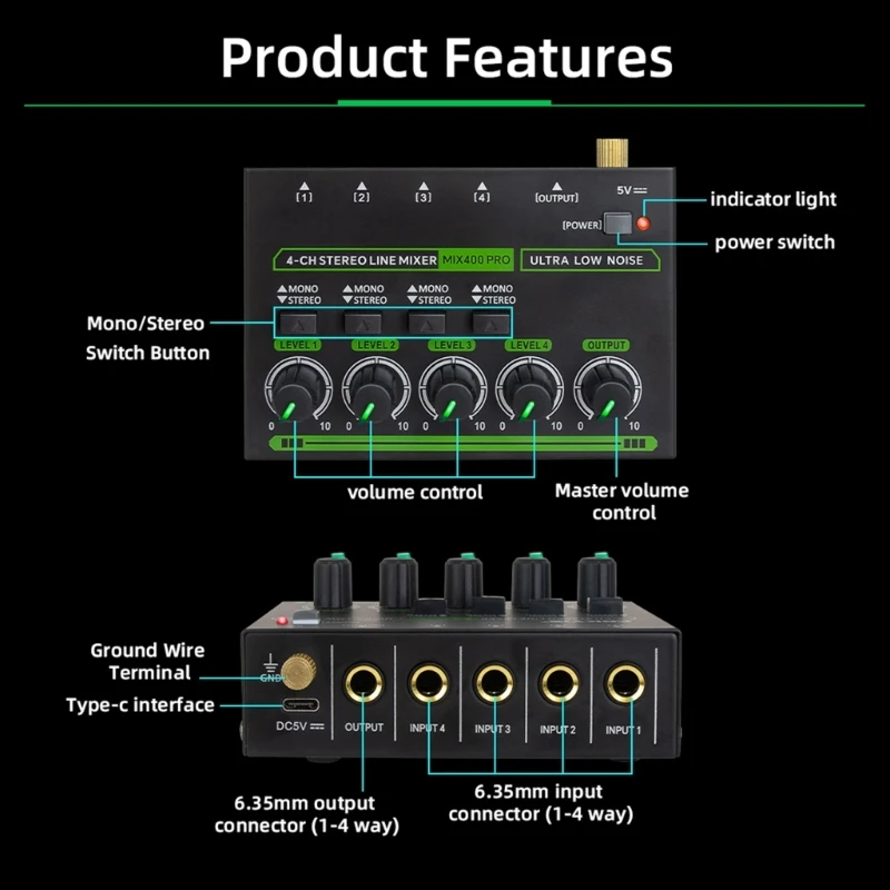 Профессиональный, с низким уровнем шума, 4-канальная строка стерео микшер, 4 входа, 1 выход, 5 В, RGB микшер, микрофоны, гитарные клавиатуры, микшер